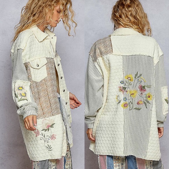 POL Jackets & Blazers - NEW POL Cream Patchwork Quilted Floral Long Jacket Boho Cottagecore Size Large